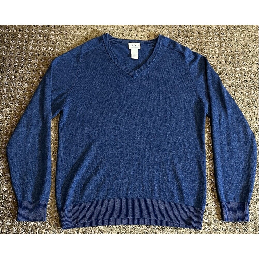 L.L. Bean Sweater Men’s M-Reg Blue V Neck 100% Lambswool Knit Pullover